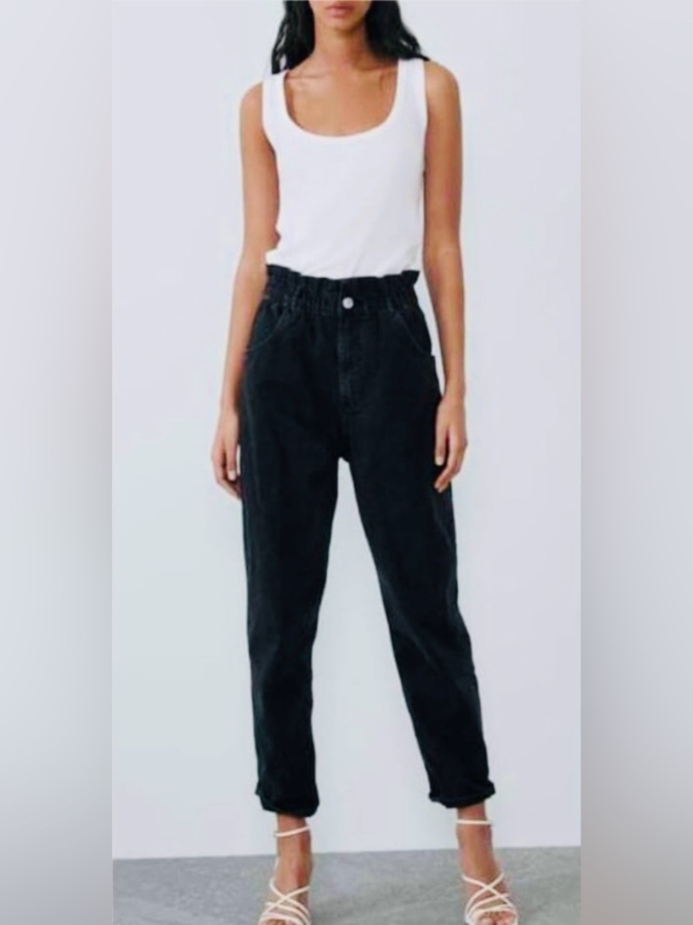 ZARA- Paperbag, Baggy Fit, High-Waisted,  Carrot Leg Ankle Pants- Black Faded